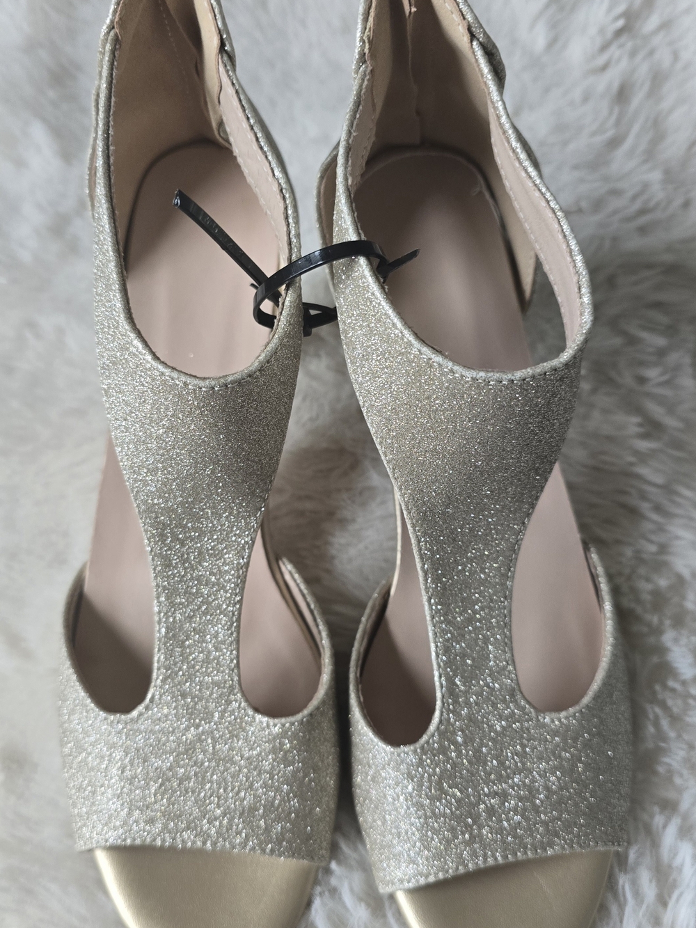 Gold Glitter T-Strap Evening Heels